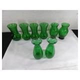 Eight Green Glass Vases