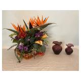 2 Glass Vases and Faux Flowers