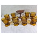 Amber Glass Goblets and Pedestal Bowl Set