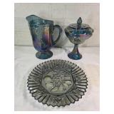 Carnival Glass Pitcher, Covered Dish, and Plate