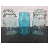 Two Atlas E-Z Seal Jars and One Blue Jar