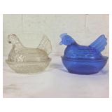Blue and Clear Glass Hen on Nest Dish Set