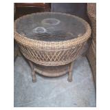 Round Brown Wicker Table with Glass Top