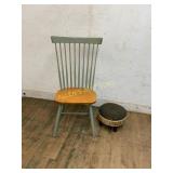 Wood Chair and Upholstered Footstool