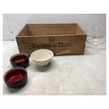 Wood Crate, Glass Bowl, and Ceramic Bowls