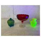 3 Colored Glass Items 1 is Vaseline Glass
