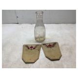 Glass Milk Bottle and Pair of Metal Plaques