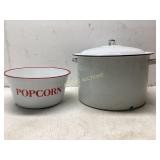 White Enamel Stockpot and Enamel Bowl