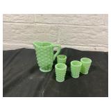 Green Hobnail Glass Pitcher and Tumbler Set