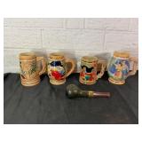 Four Ceramic Beer Steins and Decorative Glass Pipe