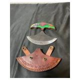 Ulu Knife with Multicolor Handle and Leather Sheat