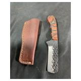 Handcrafted Knife with Textured Blade and Leather