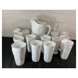 Milk Glass Pitcher with 12 Tumblers