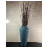 Tall Blue Ceramic Vase with Decorative Branches