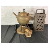 Vintage Brass Kettle with Stand and Metal Grater