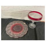 Red and Clear Glass Plate and Compote Dish