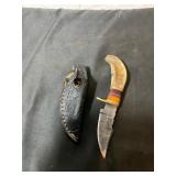 Damascus Steel Knife with Curved Handle and Sheath