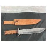 Damascus Steel Hunting Knife with Leather Sheath