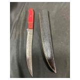 Damascus Steel Knife with Red Handle and Sheath