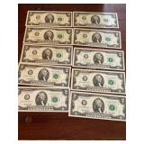 10 Sequential $2 Federal Reserve Notes
