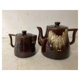 Brown Glazed Ceramic Teapot and Sugar Bowl