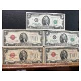 Five $2 Notes with Three Red Seals