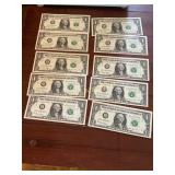 10 Sequential $1 Federal Reserve Notes