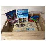Media, Toys, and Collectibles in Wooden Box