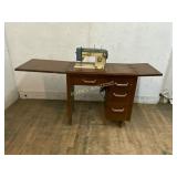 Midcentury White Sewing Machine in Wood Cabinet