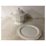 White Ceramic Tureen With Lid and Plate