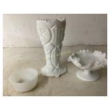 Milk Glass Vase, Bowl, and Pedestal Dish Set