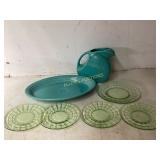 Fiesta Turquoise Platter, Pitcher, and Green Glass