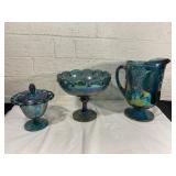 Blue Carnival Glass Pitcher, Bowl, and Candy Dish