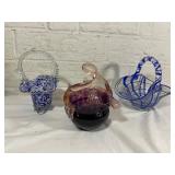 Three Blown Glass Decorative Baskets