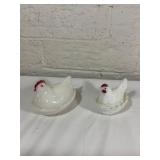 Two Milk Glass Hen-On-Nest Dishes