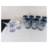 Blue and White Glassware with Ceramic Decor