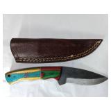 Damascus Steel Knife With Multicolored Handle and