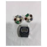 Gemstone Clip-On Earrings and Digital Watch