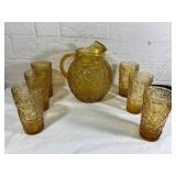 Amber Glass Pitcher and Six Tumbler Set