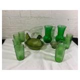 Green Glassware and Covered Chicken Dish
