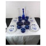 Blue Glass Tableware Set with Porcelain Plates