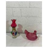 Glass Oil Lamp and Pink Hen Dish Set