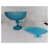 Blue Glass Pedestal Bowl and Fan-Shaped Plate