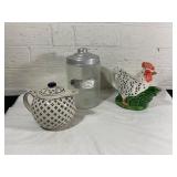 Ceramic Teapot, Glass Cookie Jar, and Chicken Teap