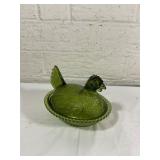 Green Glass Hen-On-Nest Covered Dish