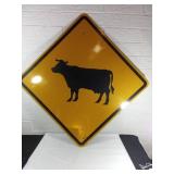 Yellow Metal Cow Warning Street Sign