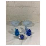 Four Glass Bird Figurines with Two Bowls