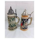 German Ceramic Beer Steins with Pewter Lids