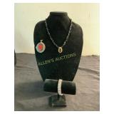 Black Bead Necklace, Rose Locket, and Rhinestone B