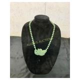 Green Jade Beaded Necklace with Bird Motif Pendant